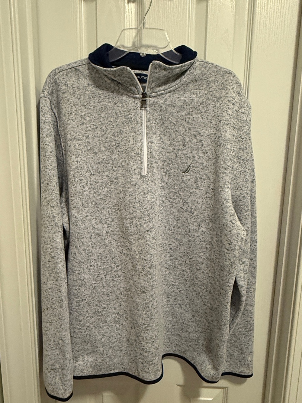 Nautica Men’s Light Heather Gray Quarter-Zip Pullover with Navy Trim